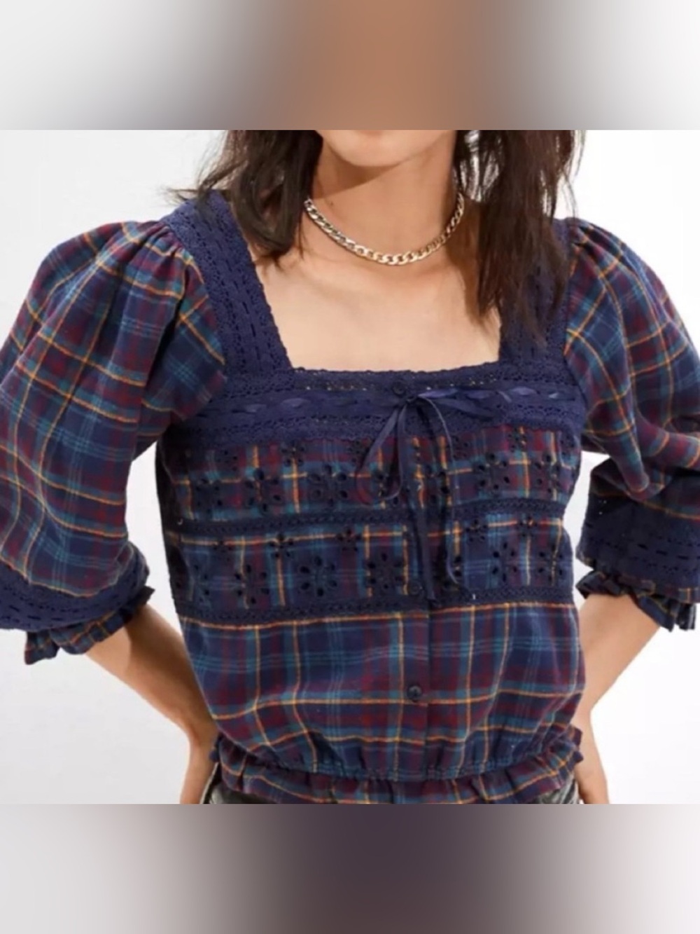 American Eagle Outfitters Navy Plaid Square-Neck Peasant Top